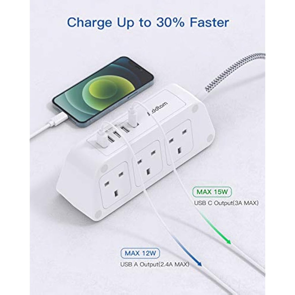 Addtam Extension Lead with 6 Outlets and 5 USB Ports – 3M Braided Cord