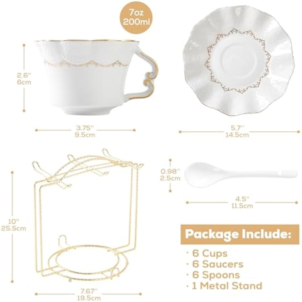 DUJUST Luxury Porcelain Tea Cups and Saucers Set of 6 with Metal Stand – White