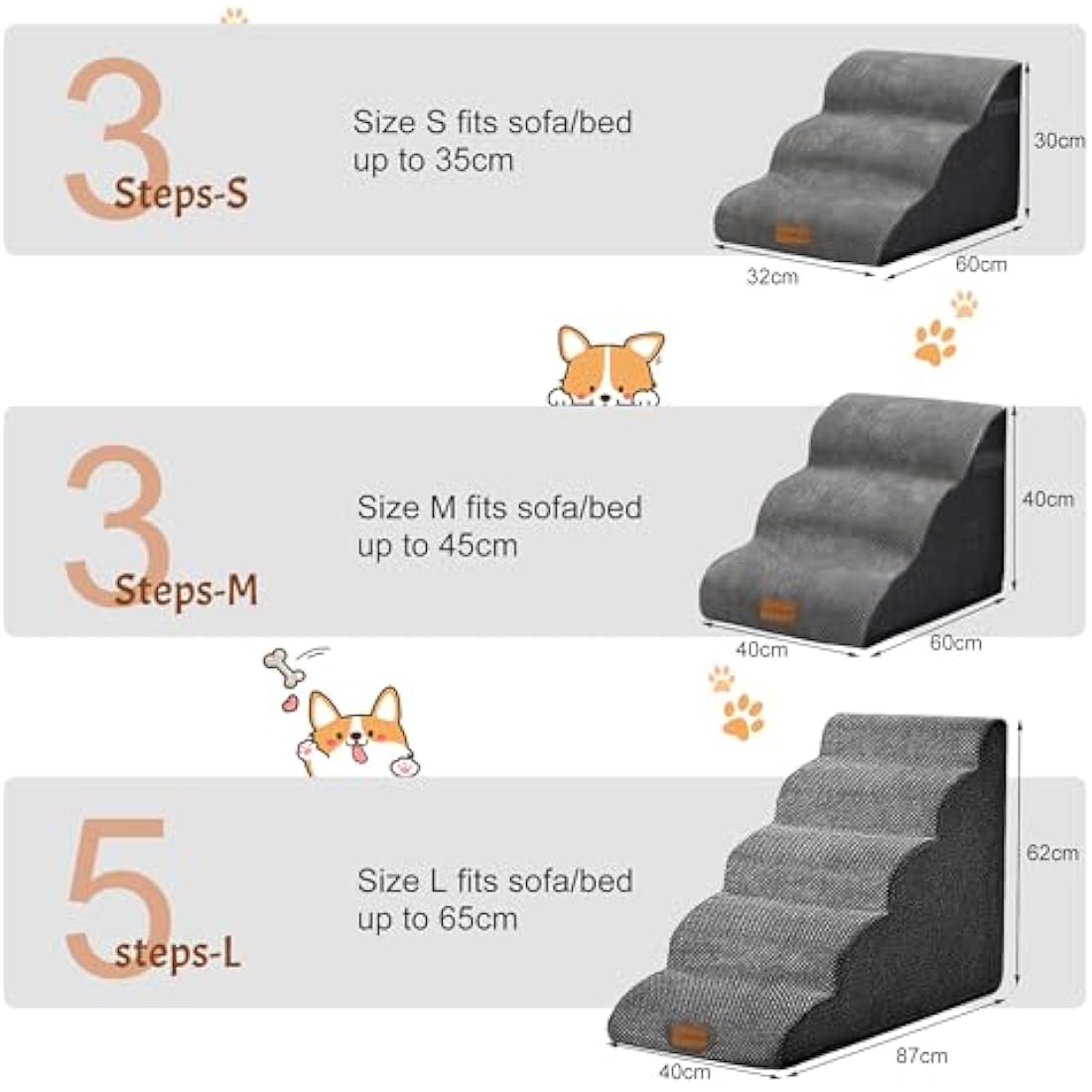 Trhillsbrad 3-Step Foam Dog Stairs – Non-Slip Pet Ramp for Beds
