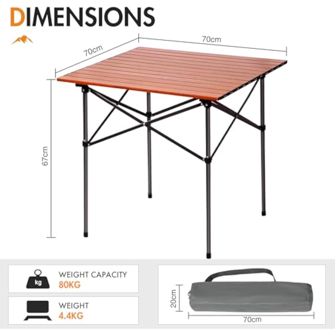 Portal Aluminum Folding Camping Table | 70x70cm Square Roll Up Top