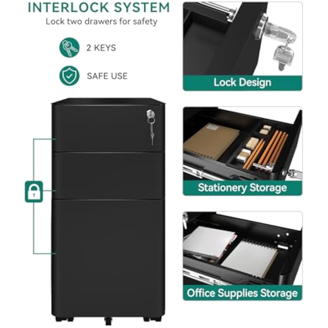 YITAHOME 3-Drawer Metal File Cabinet | Lockable Mobile Office Storage, Black