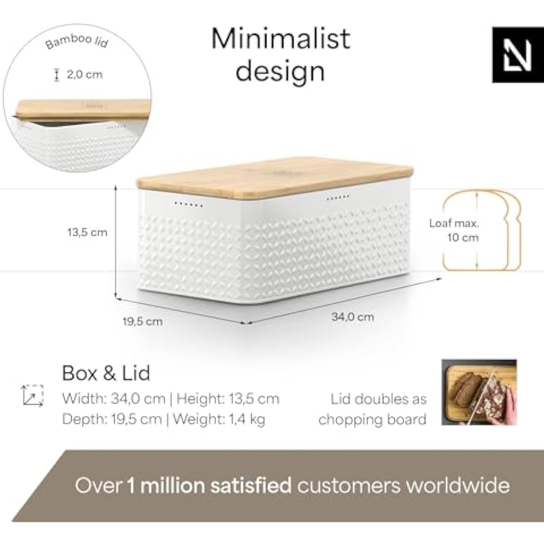 LARS NYSØM Metal Bread Bin with Bamboo Cutting Board Lid - Pure White