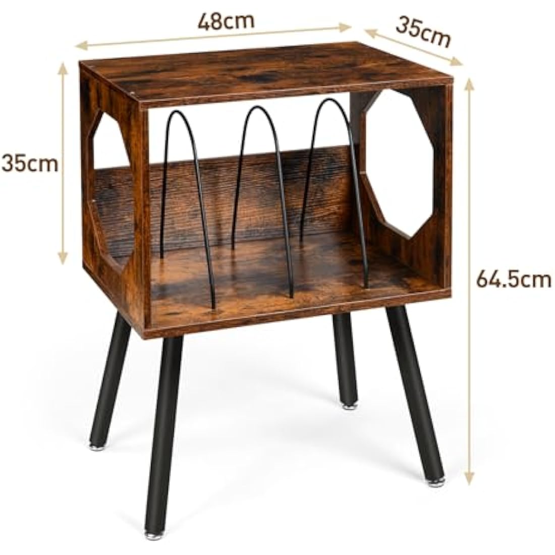 ikkle Rustic Record Player Stand – Wood Vinyl Storage Cabinet with Metal Legs