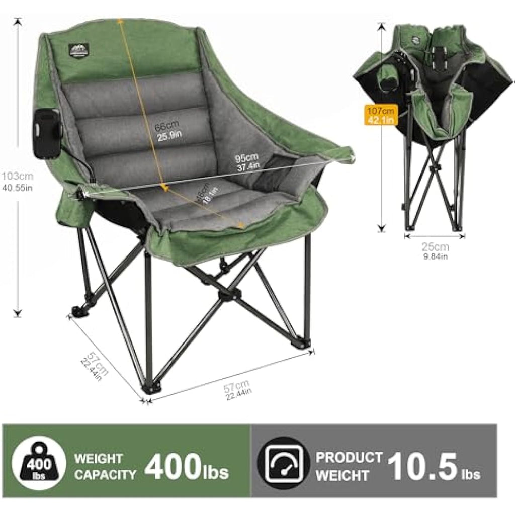 LANMOUNTAIN Oversized Folding Camping Chair - Heavy Duty 400lbs Padded Green