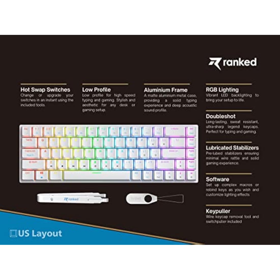 Ranked G65 Guardian 65% Low Profile Mechanical Gaming Keyboard - White