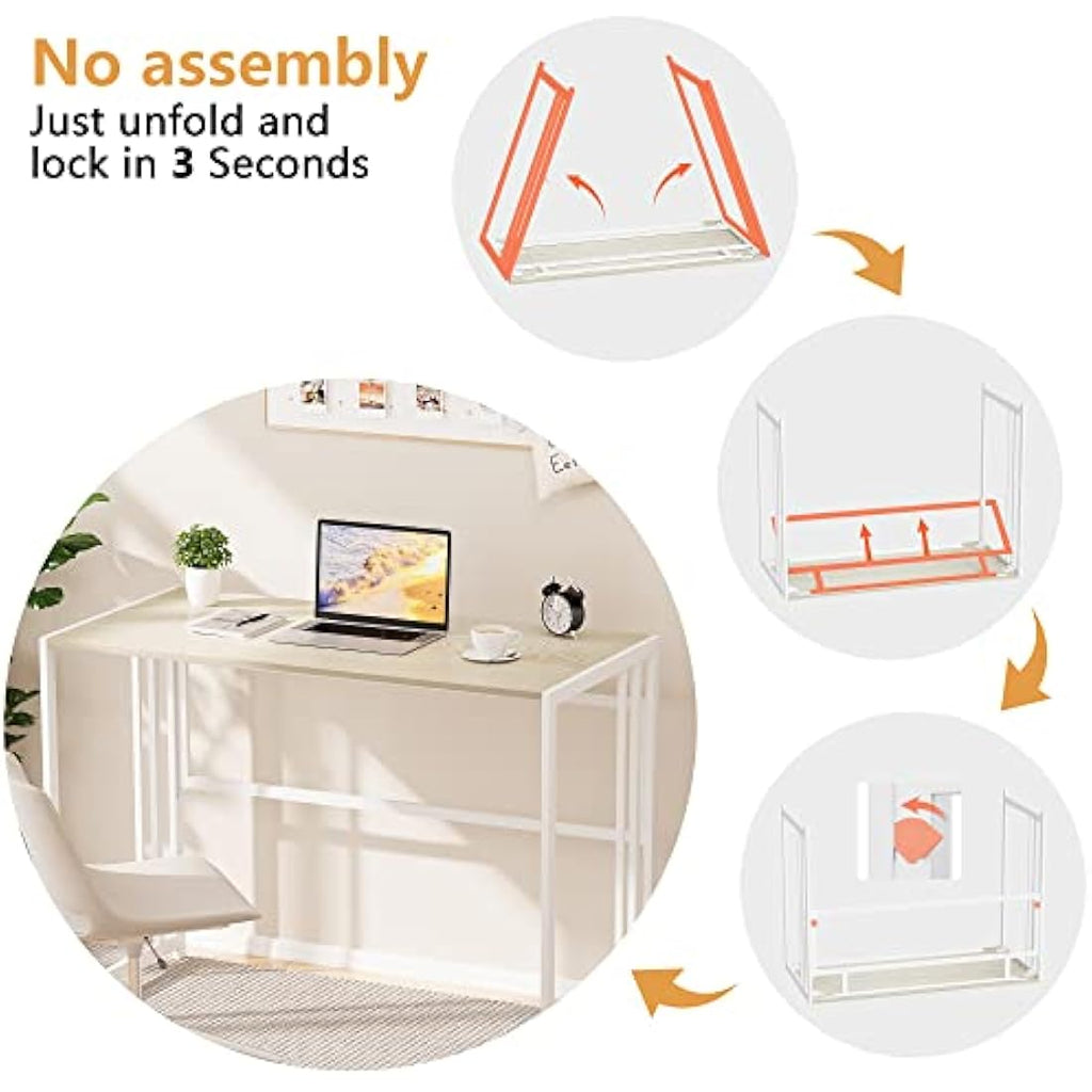 Ulifance Folding Computer Desk – No-Assembly Writing Table, Beige