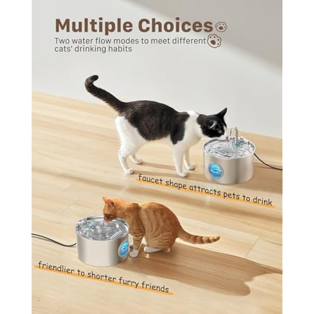 GIOTOHUN Stainless Steel Cat Water Fountain – 2.2L Quiet Pet Dispenser