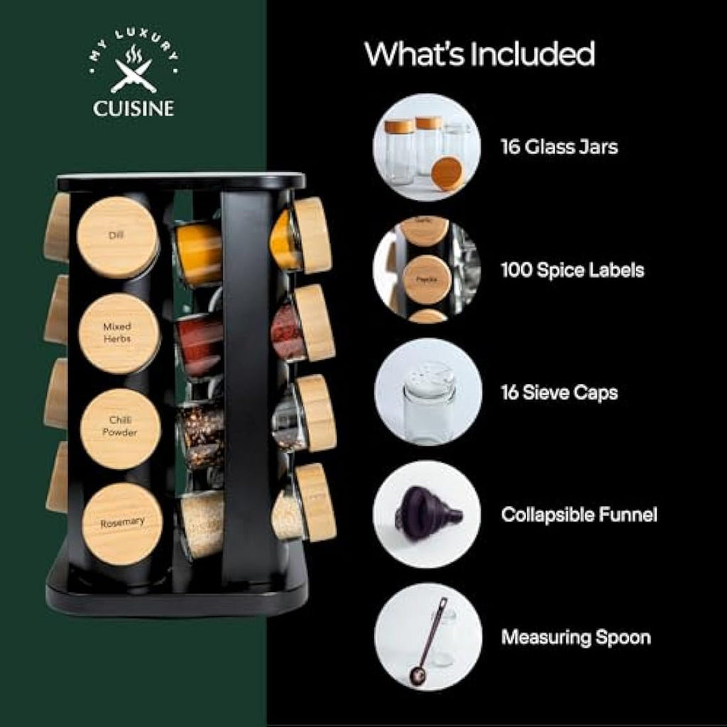 Rotating Spice Rack – 16 Glass Jars with Bamboo Lids