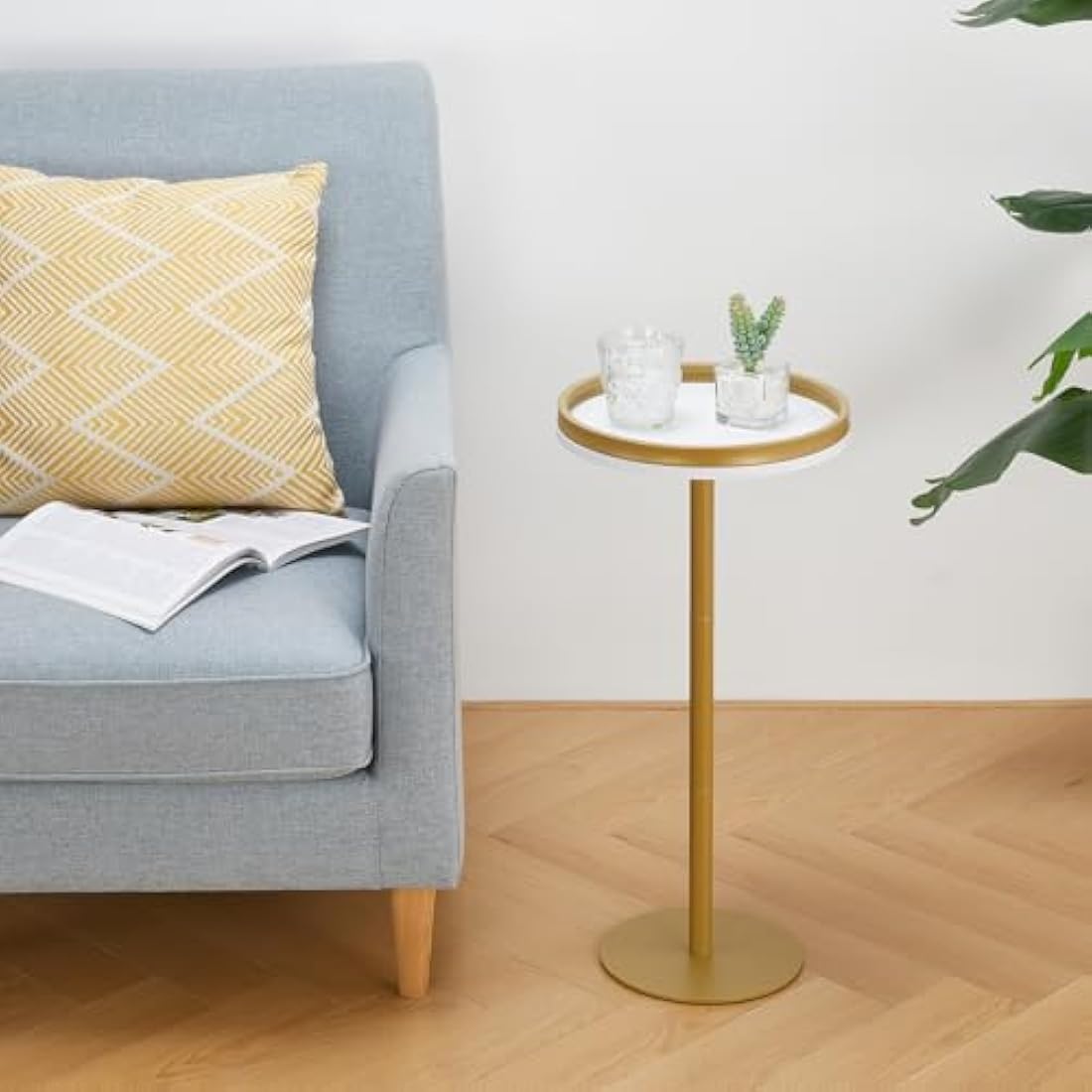 Small Round Drink Table – Modern Pedestal Side Table, White Gold