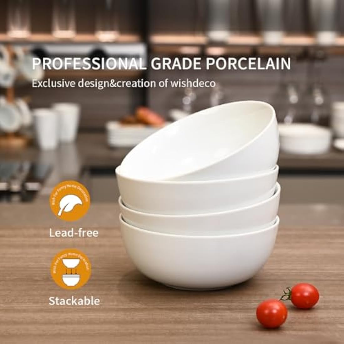 WishDeco White Ceramic Cereal Bowls – 600ml Soup & Salad Set of 4