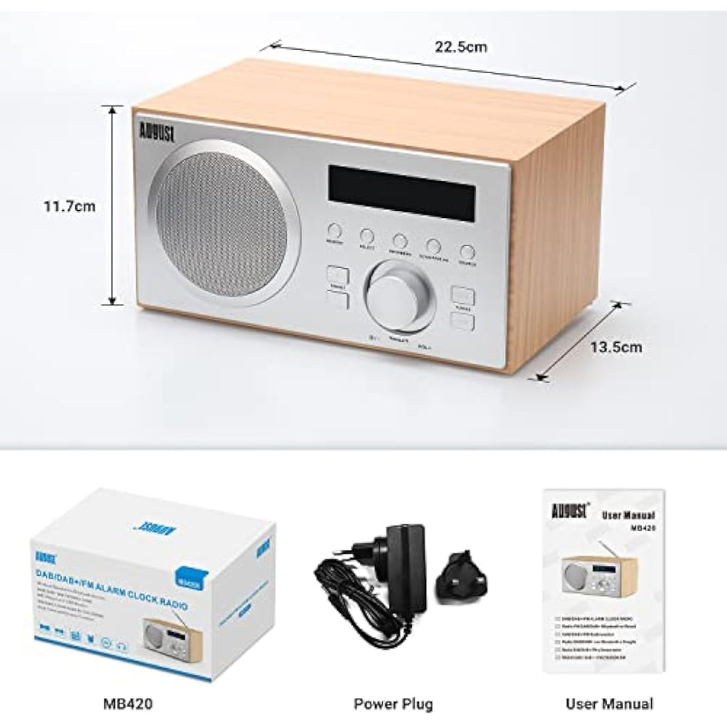 August MB420 DAB+ Digital Radio & Bluetooth Speaker - Dual Alarm - Oak