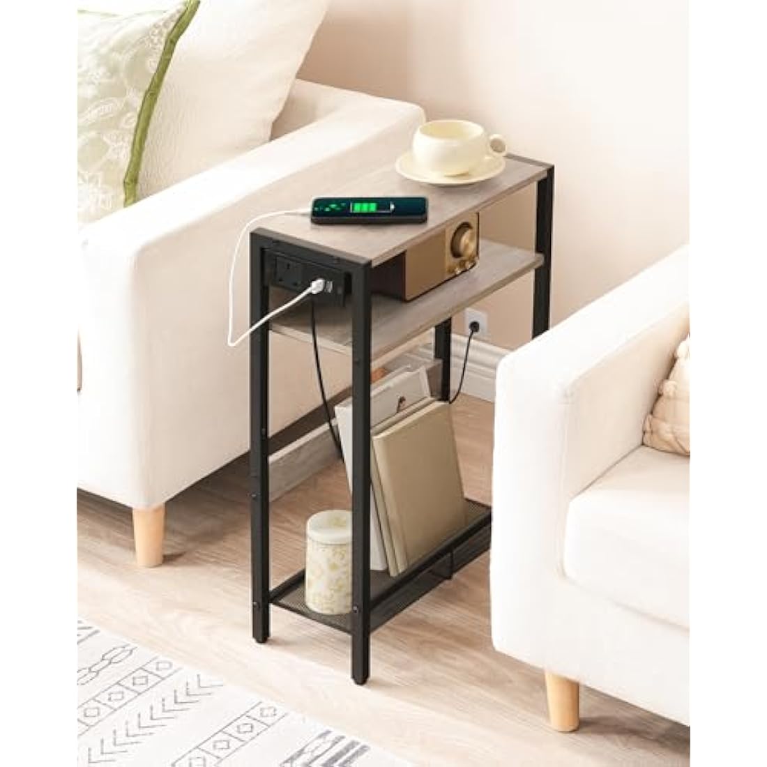 CHOEZON Narrow Side Table with Charging Station | Slim Greige Nightstand