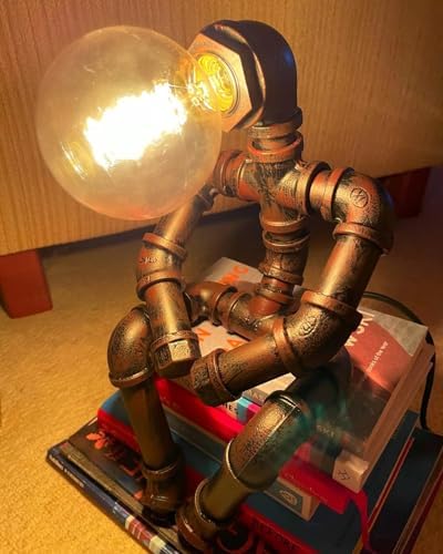 Kaj Hejmo Steampunk Robot Water Pipe Table Lamp – Retro Iron Desk Light
