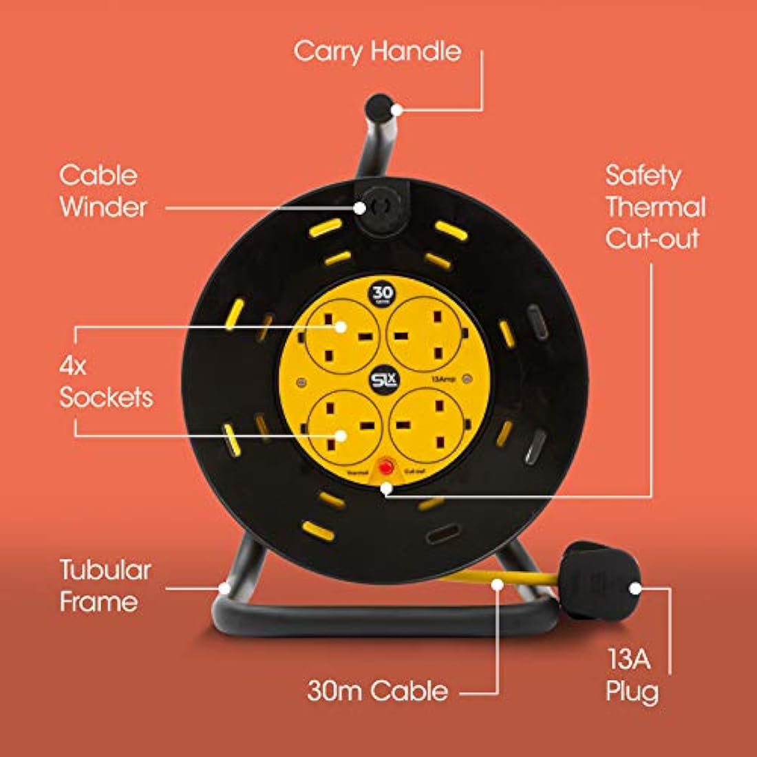 SLx 30m Heavy Duty Extension Lead – 4 Socket Cable Reel with Thermal Cut-Out