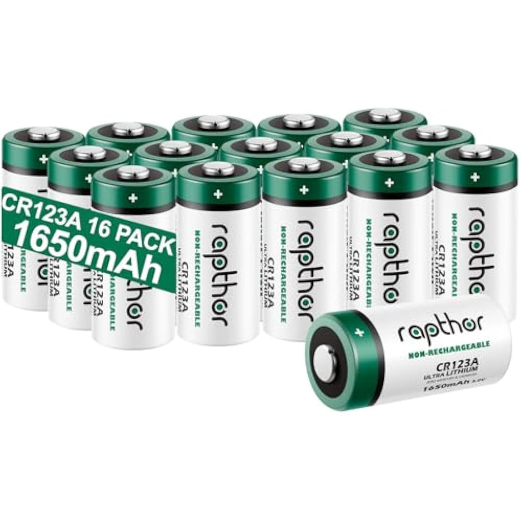 Rapthor CR123A 3V Lithium Battery 1650mAh High Capacity - 16 Pack