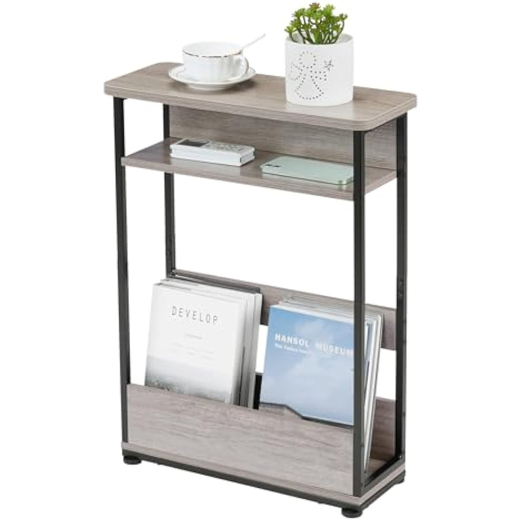Jolof Store Narrow Side Table – Rustic Oak Nightstand with Magazine Rack