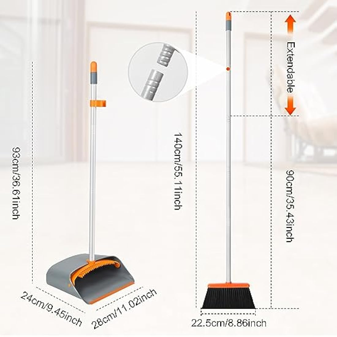 Long Handled Broom and Dustpan Set | 54" Upright Sweeping - Orange