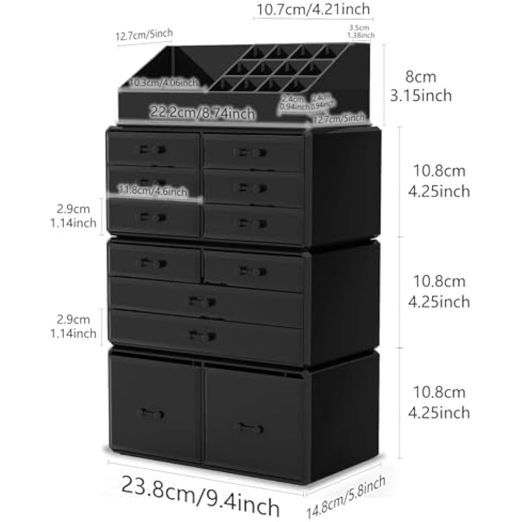 Readaeer Makeup Organizer – 12 Drawer Cosmetic Storage Case, Black