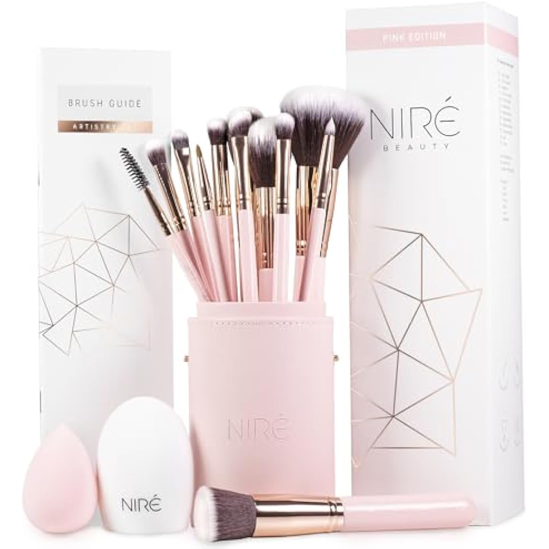 Niré Beauty 15-Piece Pink Makeup Brush Set with Case and Cleaner