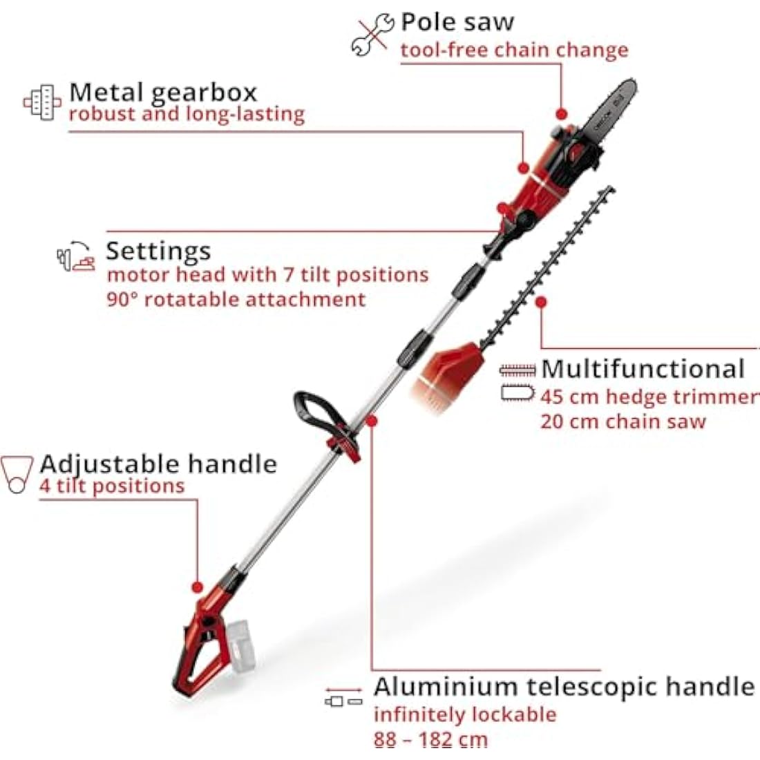 Einhell 18V Cordless 2-in-1 Pole Hedge Trimmer & Chainsaw - GE-HC 18 Li T