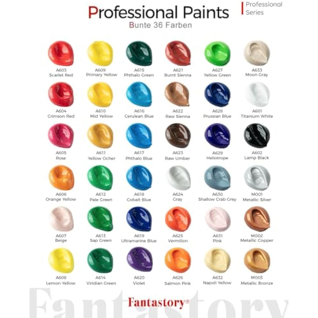 Fantastory Acrylic Paint Set - 36 Colors with 12 Brushes for Canvas & Wood