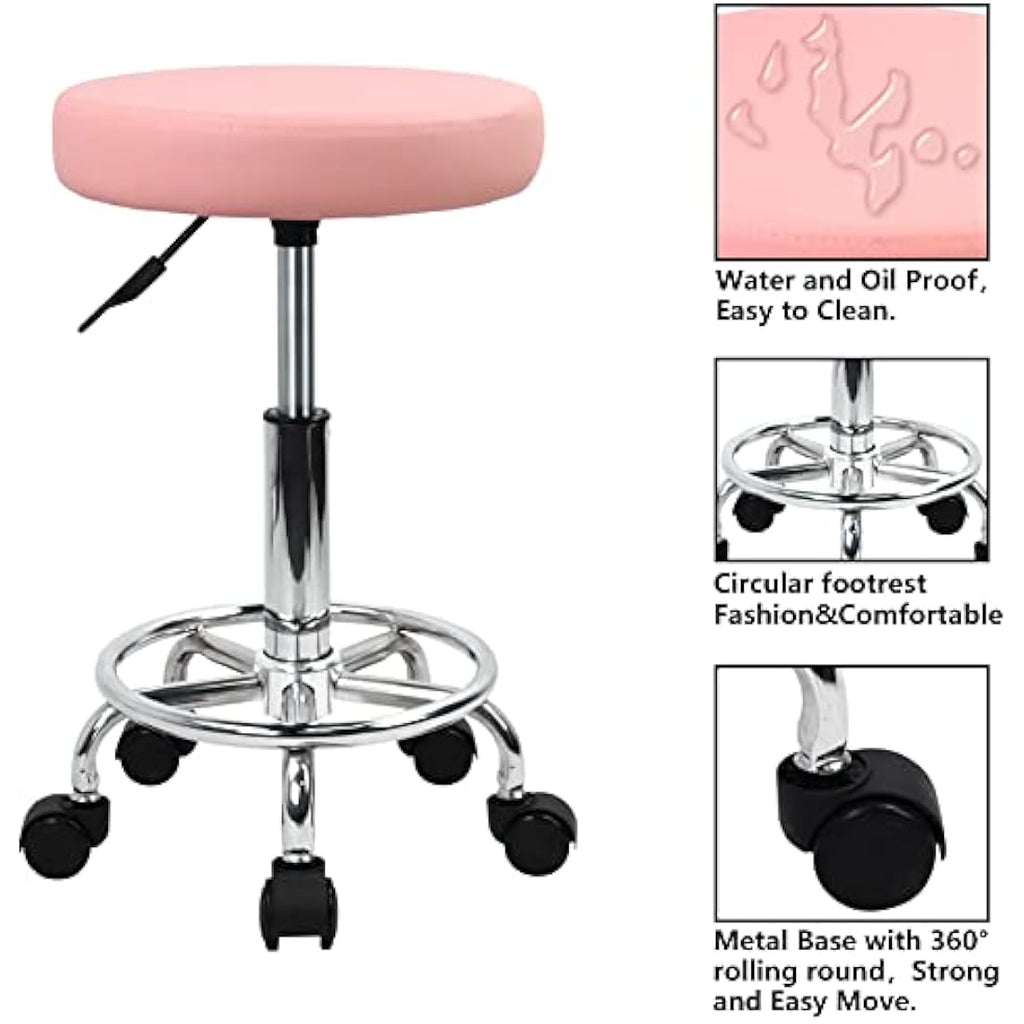 KKTONER Pink PU Leather Rolling Stool – Adjustable Swivel Salon Chair