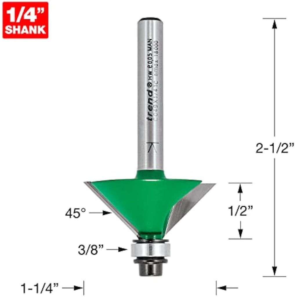 Trend CraftPro 45 Degree Chamfer Router Bit – 1/4 Inch Shank Carbide Tipped