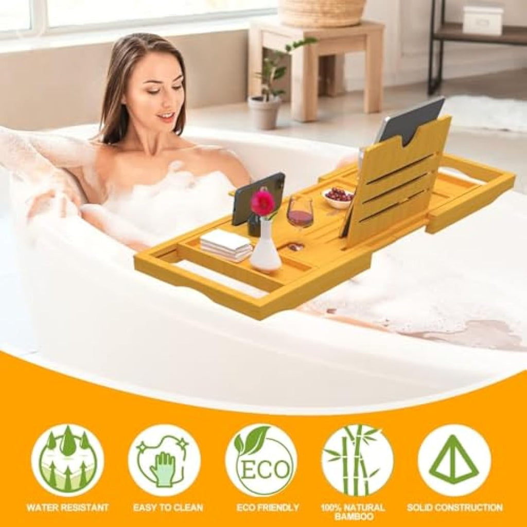 Banlilu Bamboo Bath Tray – Expandable Foldable Bathtub Caddy Organizer