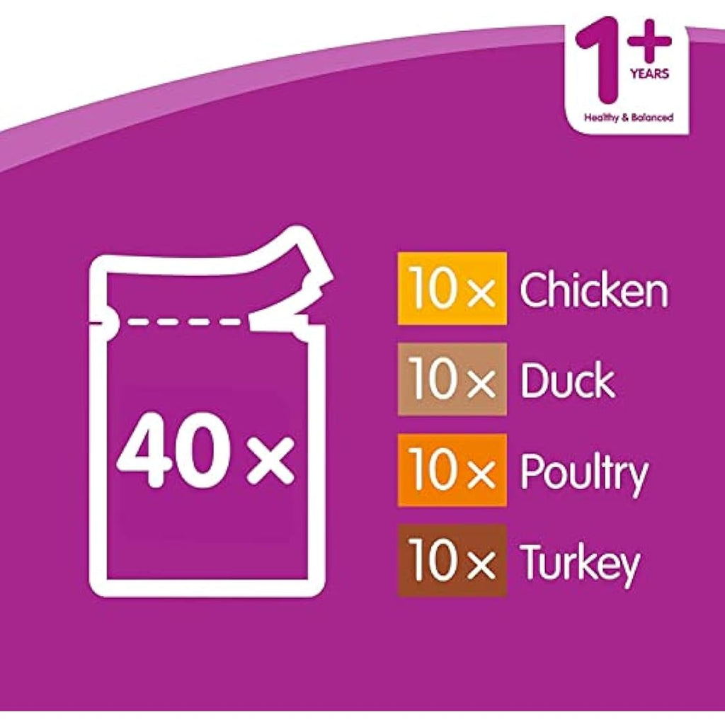 Whiskas Adult Wet Cat Food Poultry Selection in Jelly - 40 x 100g Pouches