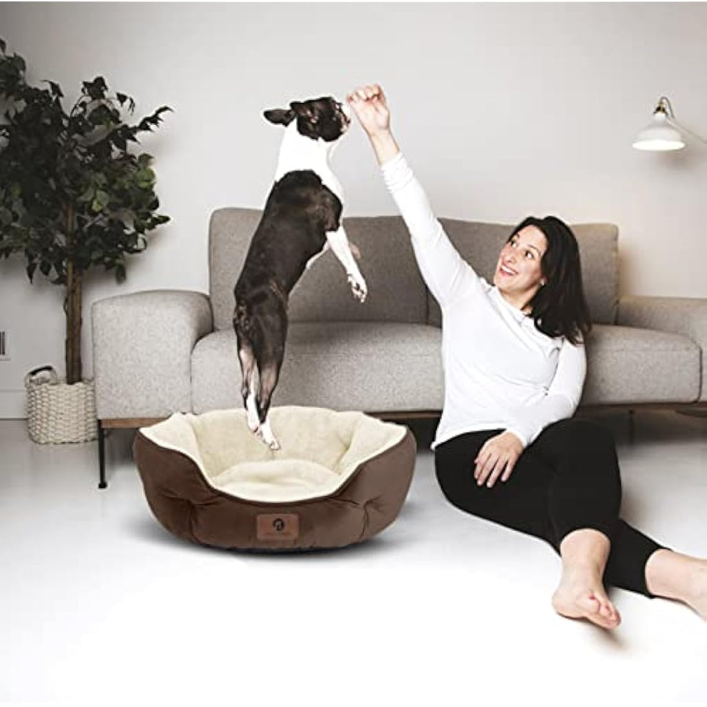 Round Sherpa Dog Bed – Washable Calming Pet Bed, Brown, 25"