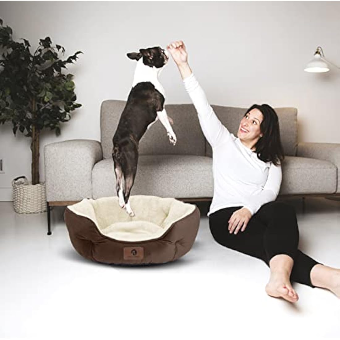 Round Sherpa Dog Bed – Washable Calming Pet Bed, Brown, 25"