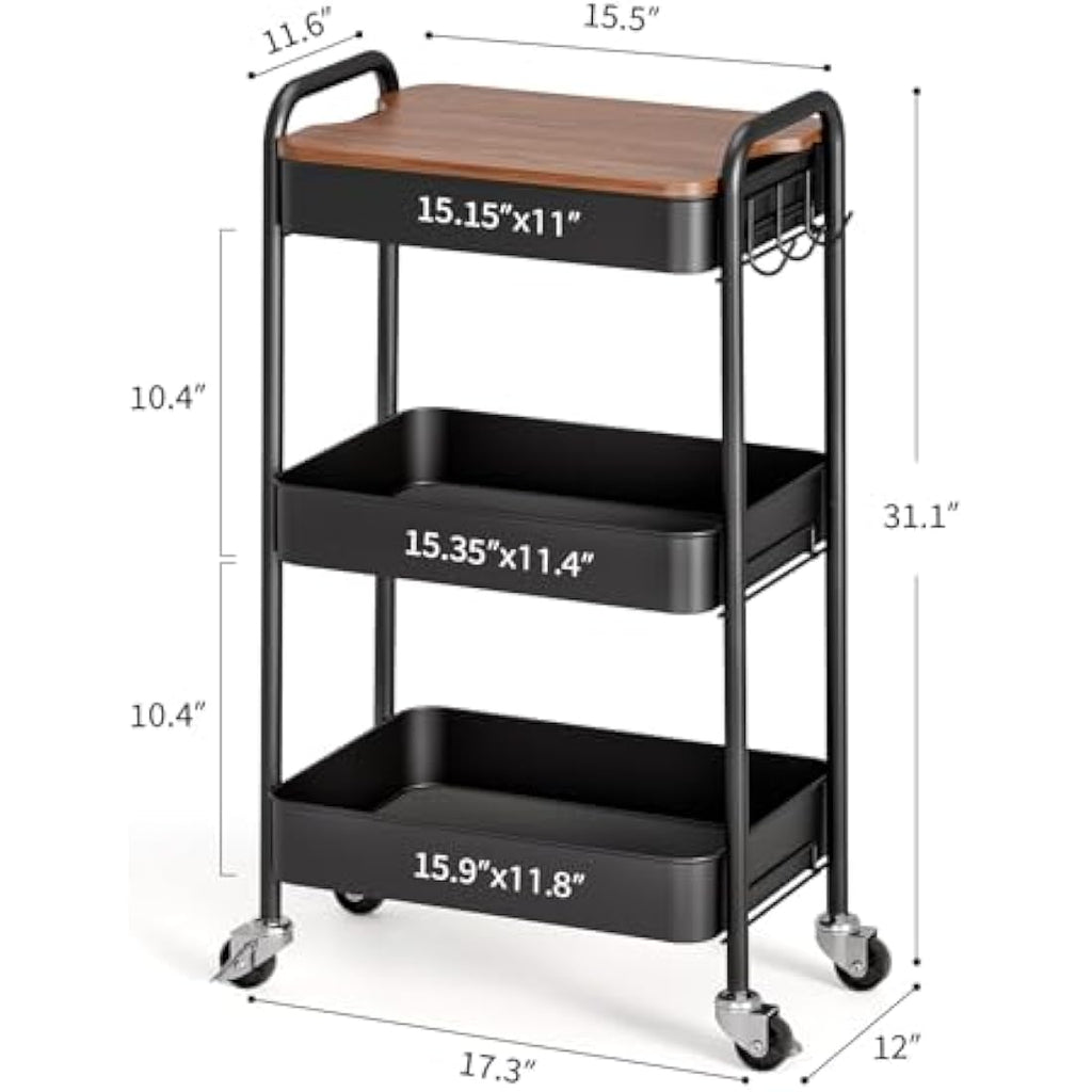 KINGRACK 3-Tier Metal Rolling Storage Trolley with Wooden Worktop