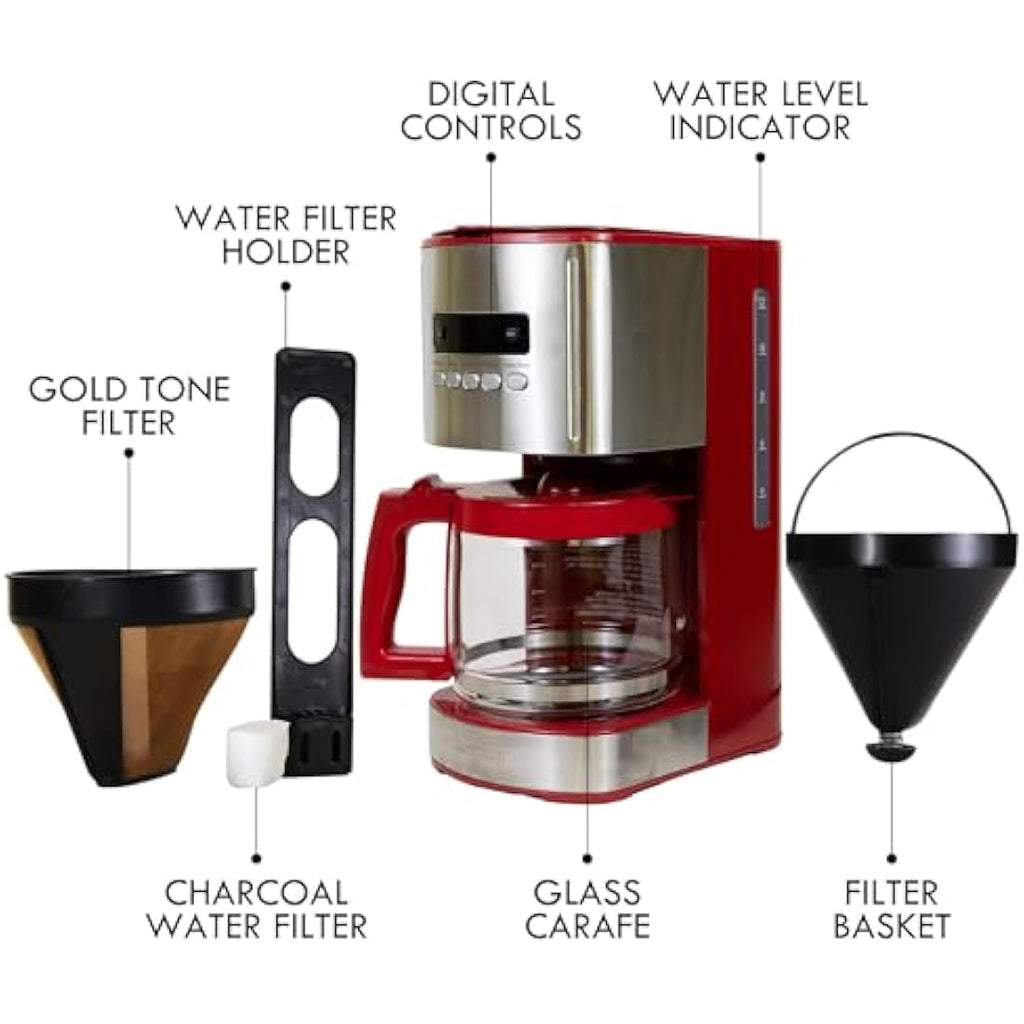 Kenmore 12-Cup Drip Coffee Maker – Programmable Filter Machine, Red