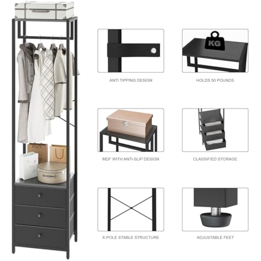 YMYNY Freestanding Coat Rack with 3 Non-Woven Drawers | Tall Closet Organizer