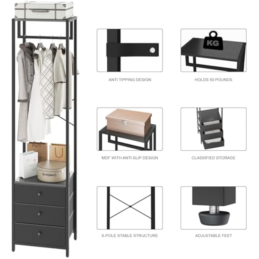 YMYNY Freestanding Coat Rack with 3 Non-Woven Drawers | Tall Closet Organizer