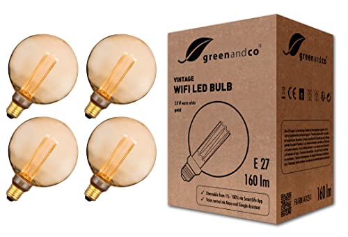 greenandco 4X Smart WiFi LED Bulb – Vintage E27 G125 Dimmable 1800K