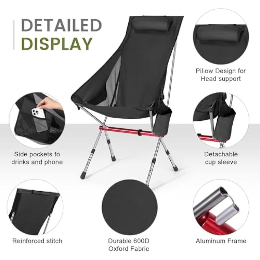 High Back Camping Chair – Adjustable Lightweight Foldable Black