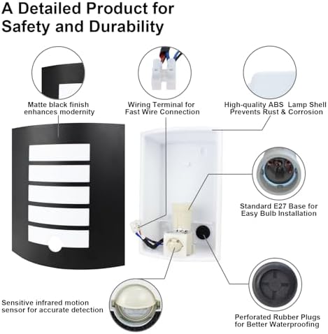 Wondlumi Outdoor Wall Light | PIR Motion Sensor IP44 Waterproof Black