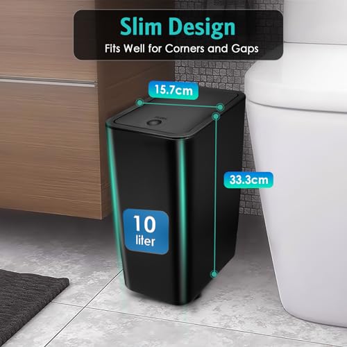 Kssvzz 3-Pack 10L Slim Bathroom Bins with Lid | Black Plastic Waste Bin