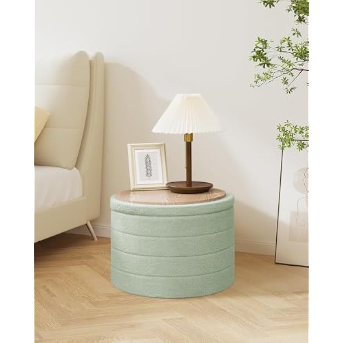 Round Boucle Storage Ottoman – Folding Teddy Footstool, Green