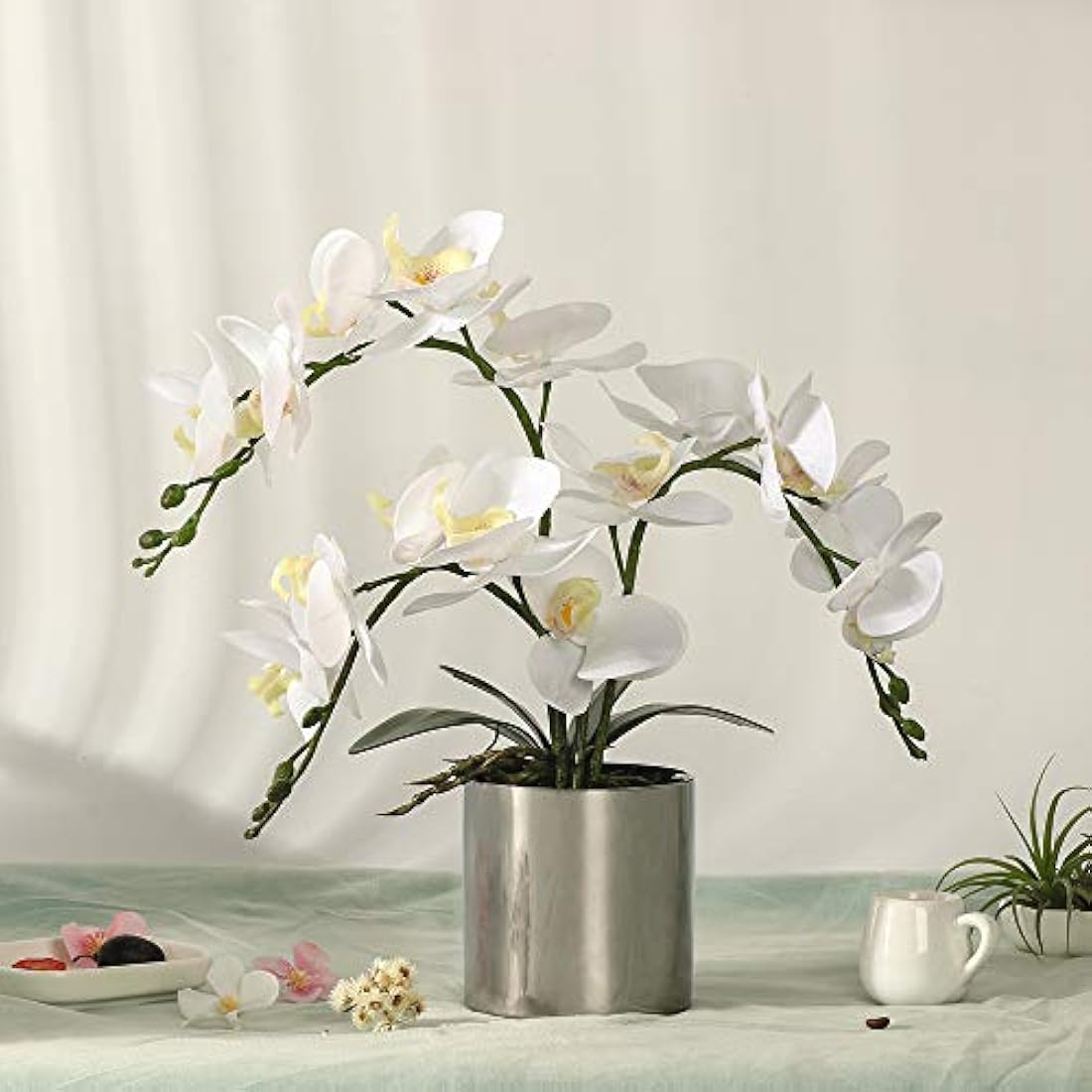 Jolof Store White Artificial Orchid Bonsai | Faux Phalaenopsis with Vase