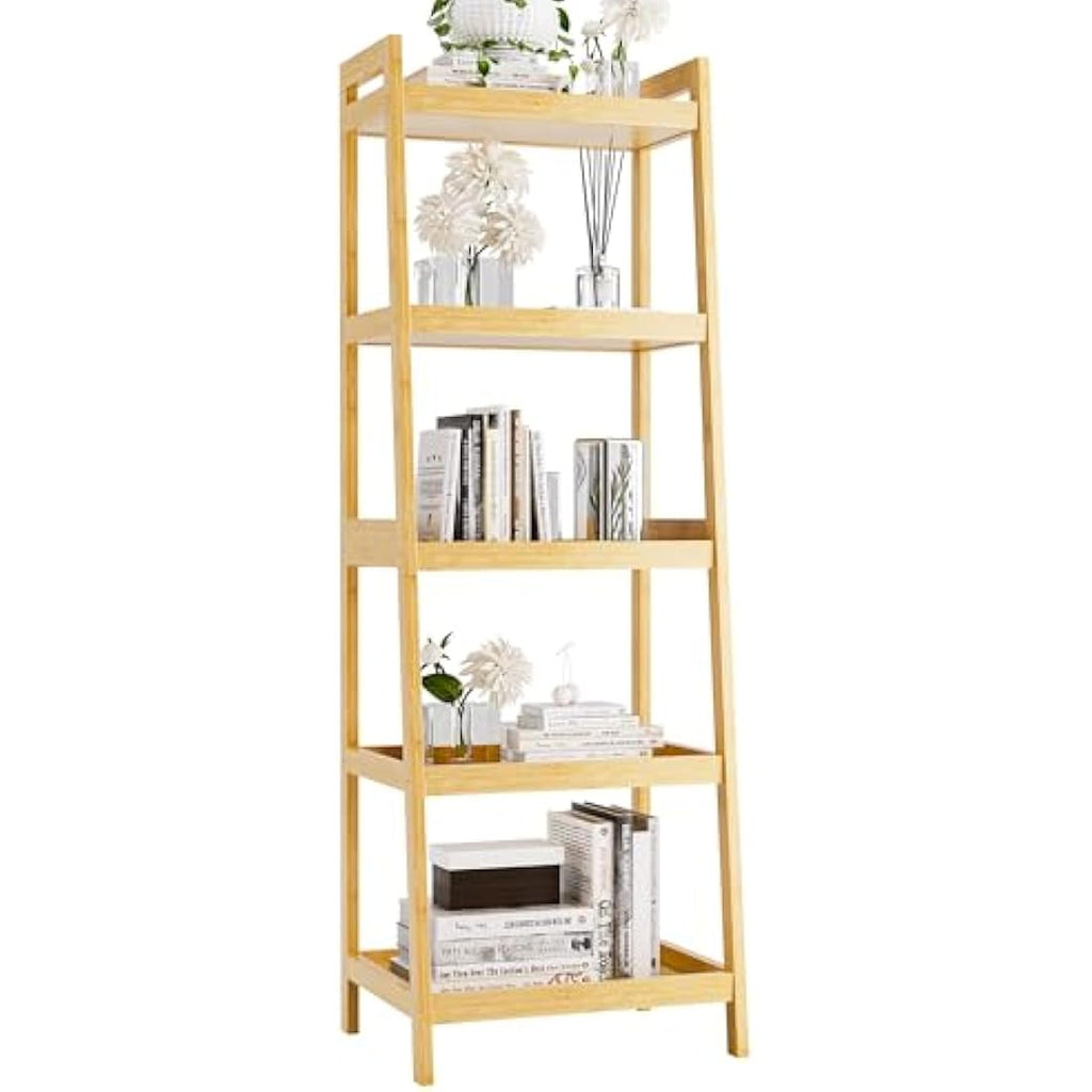 5-Tier Bamboo Ladder Bookshelf – Tall Narrow Display Rack