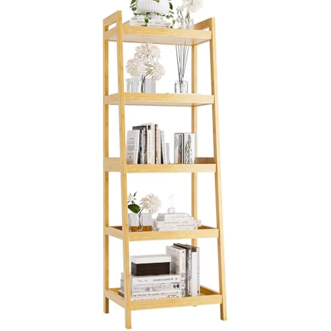 5-Tier Bamboo Ladder Bookshelf – Tall Narrow Display Rack