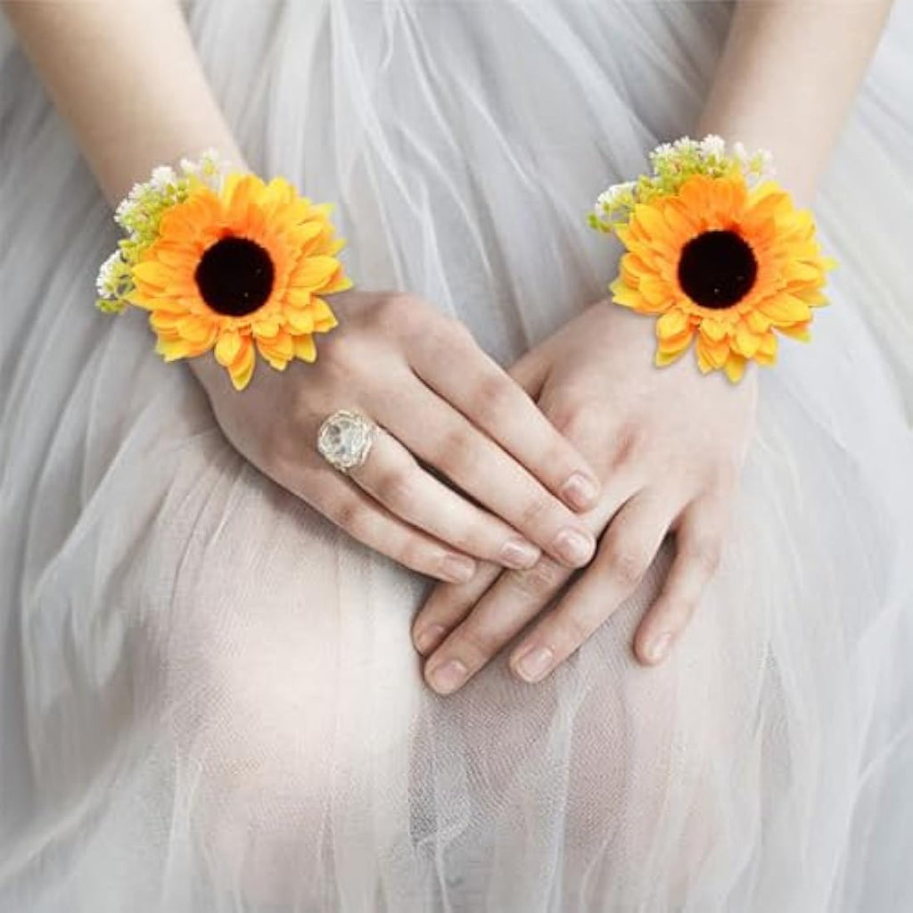 Sunflower Wrist Corsage and Boutonniere Set for Weddings