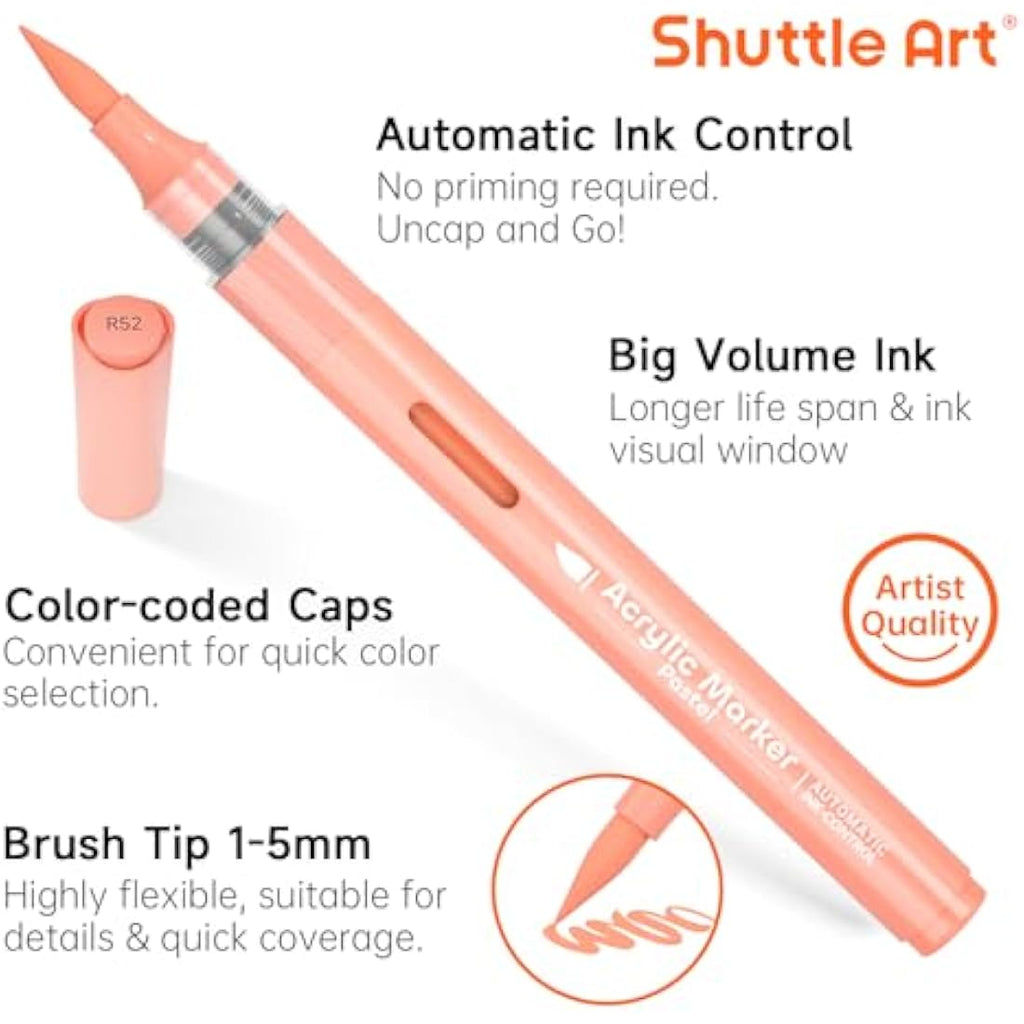 Shuttle Art 24 Pastel Acrylic Paint Pens – Brush Tip Markers for Rock Art