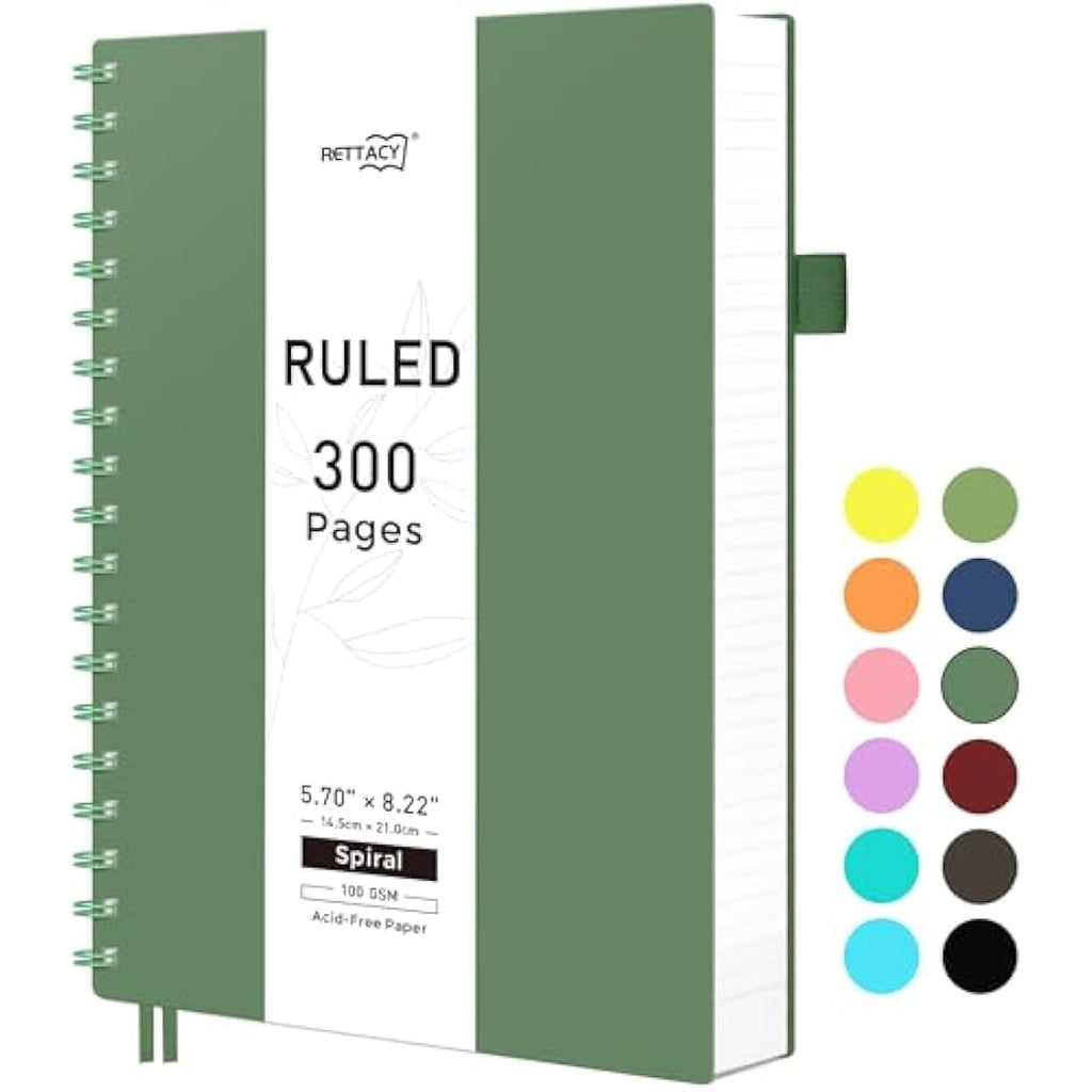 RETTACY A5 Spiral Notebook | 300 Pages College Ruled Journal - Dark Green