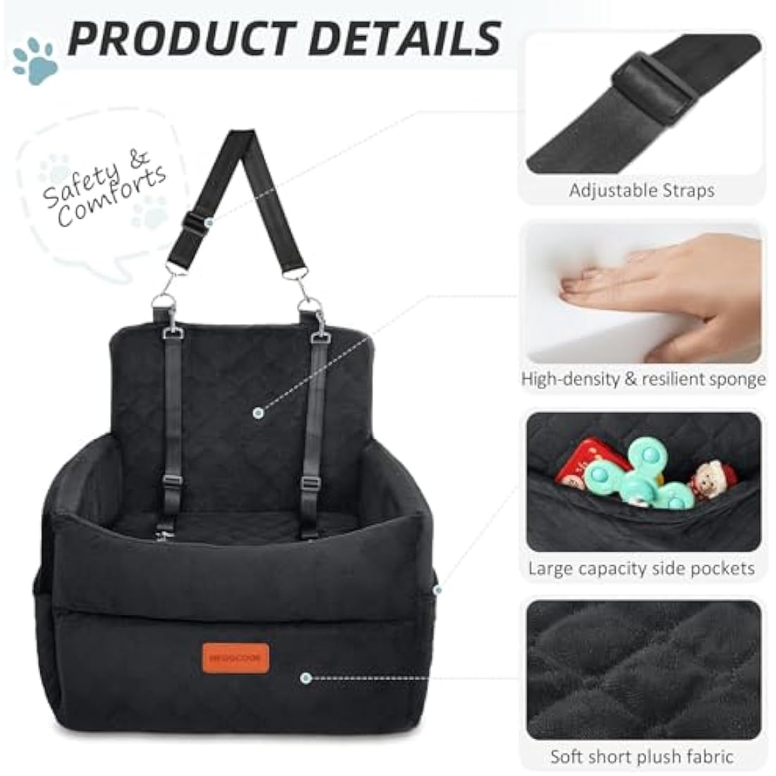 HEGGCOOE Memory Foam Dog Car Seat | Washable Booster Seat for Medium Dogs