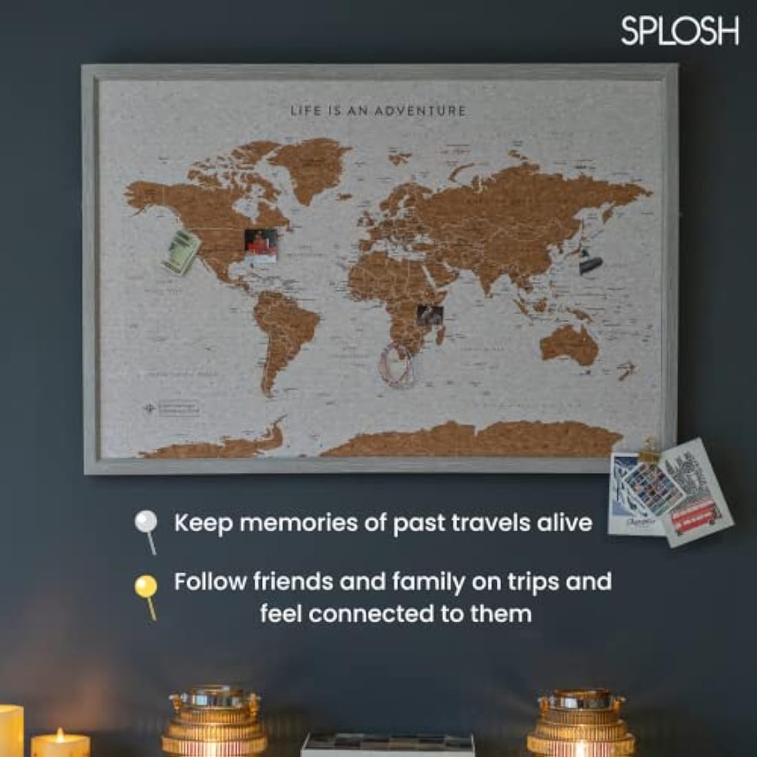 Splosh World Map Pin Board – Grey Framed Cork Board with 100 Pins