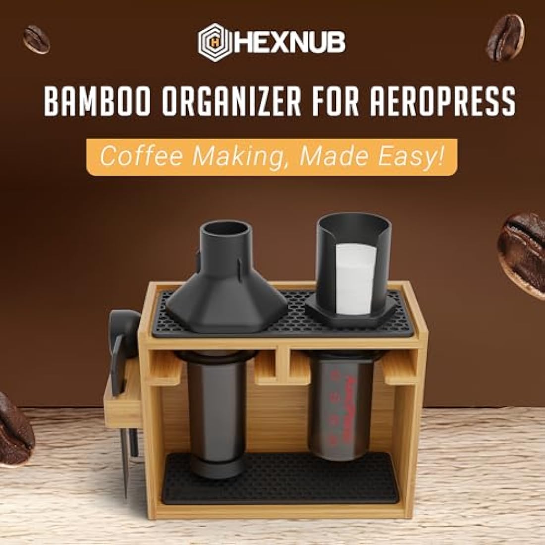 Hexnub Bamboo AeroPress Organizer Station with Silicone Mats - Black