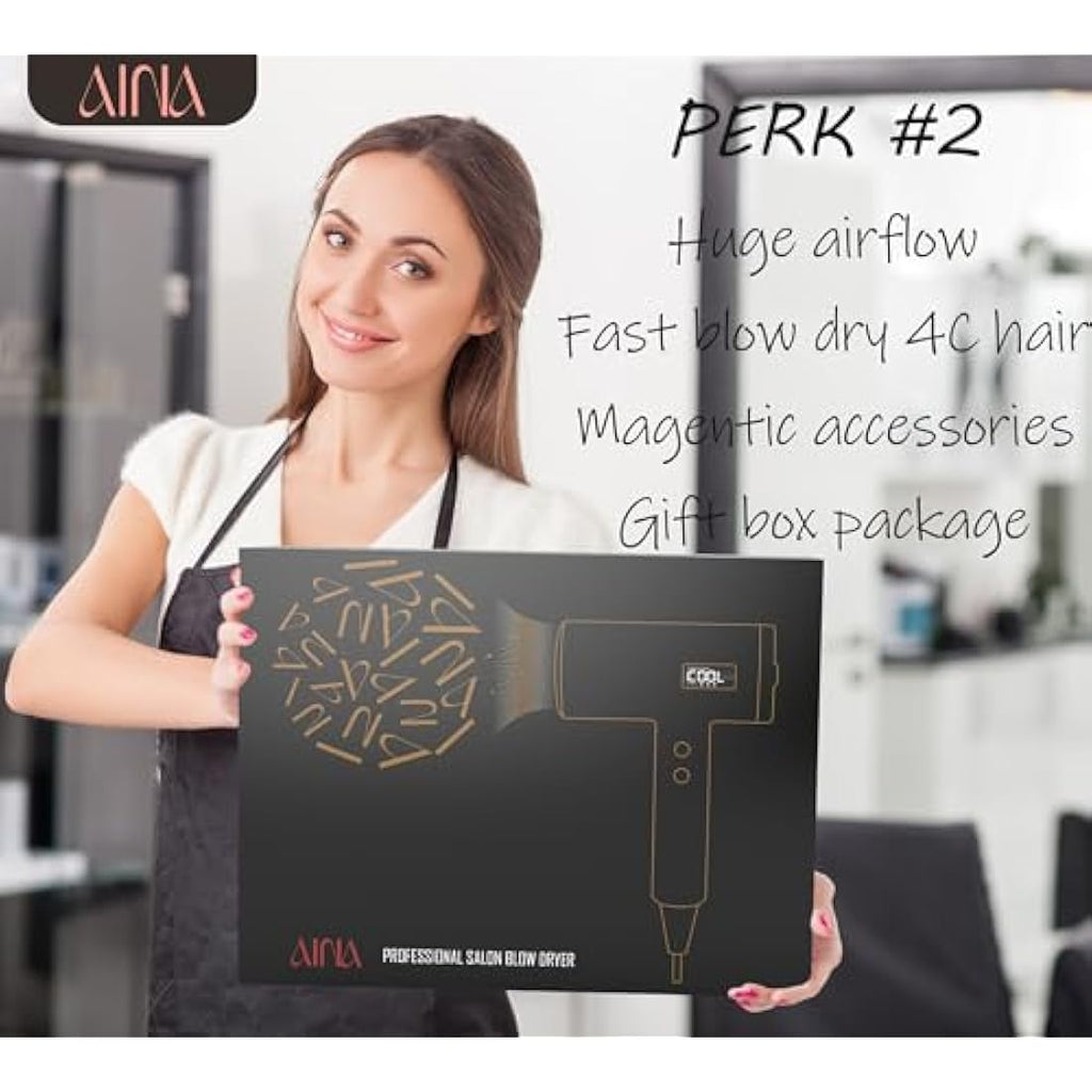 AINA Professional Ionic Hair Dryer | 150,000 RPM BLDC Motor - Black